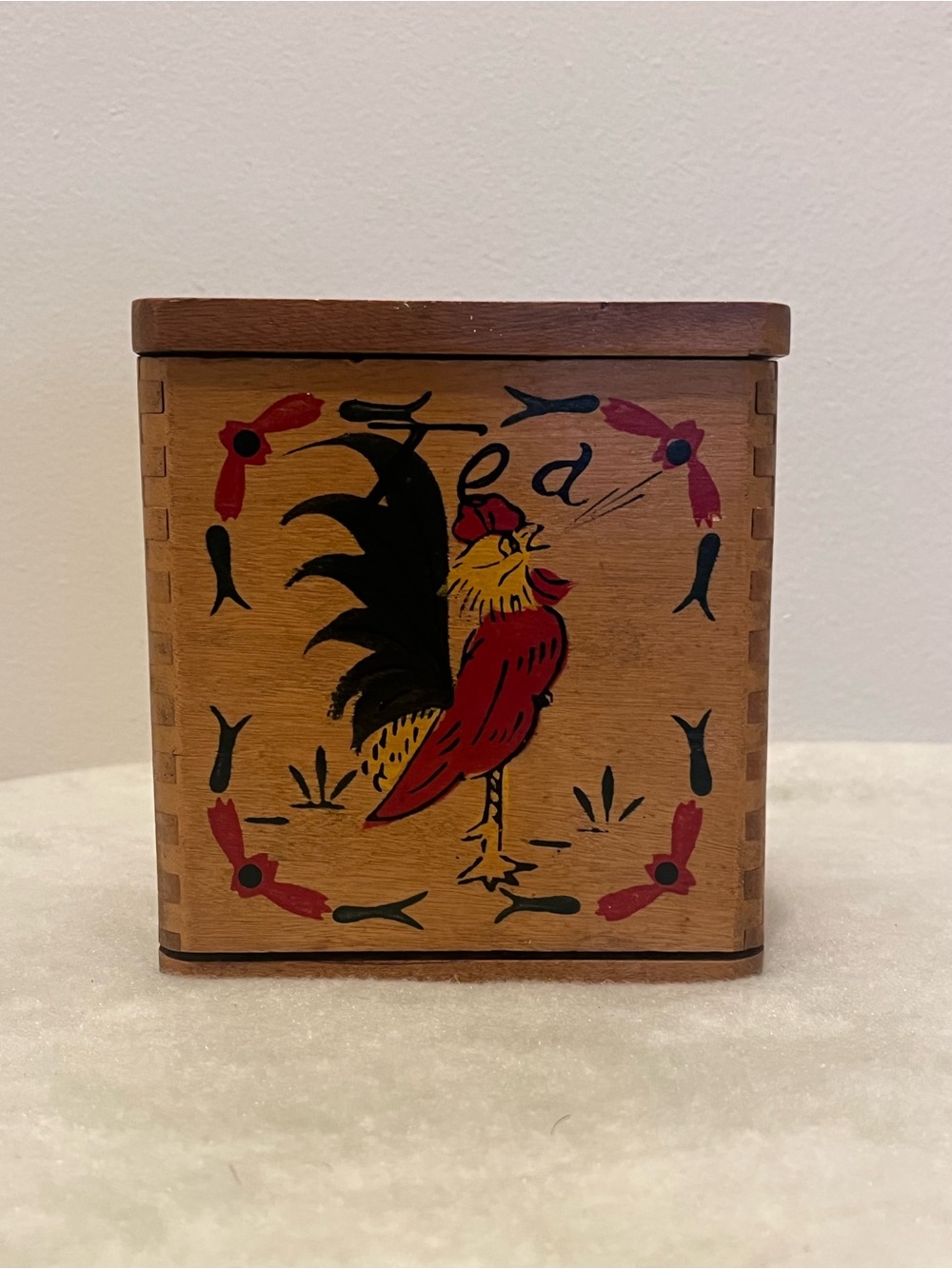 Vintage 1960s Hand-Painted Wooden Tea Canister- Rooster